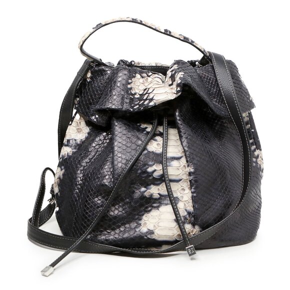 LUXURY Silvano Bagini Python Leather Drawstring Bucket Bag Handbag Black White - Picture 16 of 16
